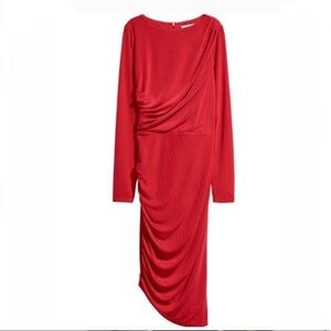 H&M Bright Red Ribbed  Holiday Dress with Long Sleeve & Asymmetrical Hem